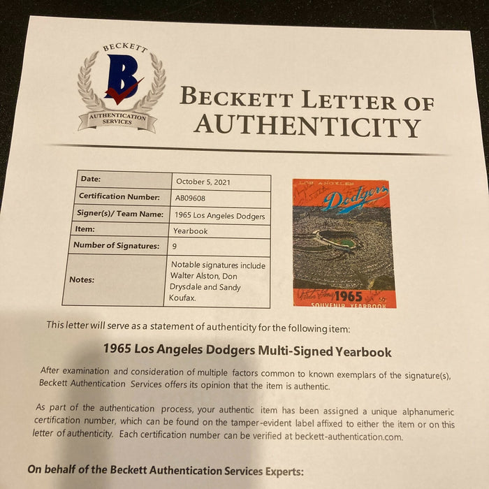 1965 Los Angeles Dodgers World Series Champs Team Signed Program Koufax Beckett