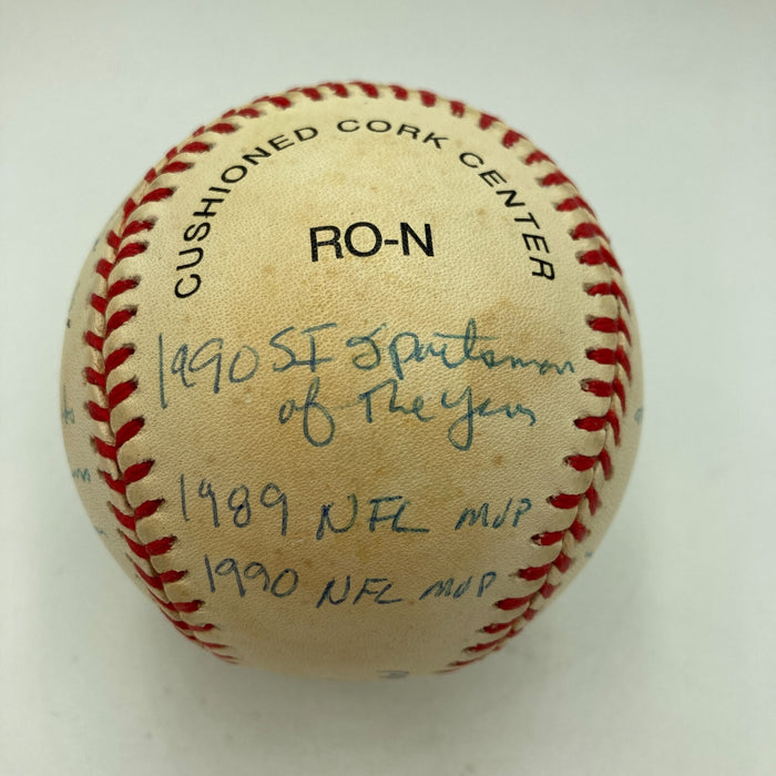 Joe Montana Signed Heavily Inscribed Career STAT Baseball Reggie Jackson COA