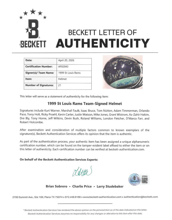 1999 St. Louis Rams Super Bowl Champs Team Signed Authentic Helmet Beckett COA