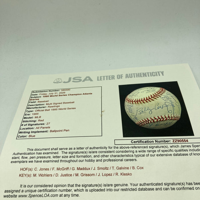 1995 Atlanta Braves World Series Champs Team Signed W.S. Baseball 27 Sig JSA COA