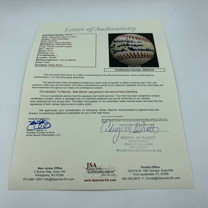 Hank Greenberg Single Signed American League Baseball With JSA COA