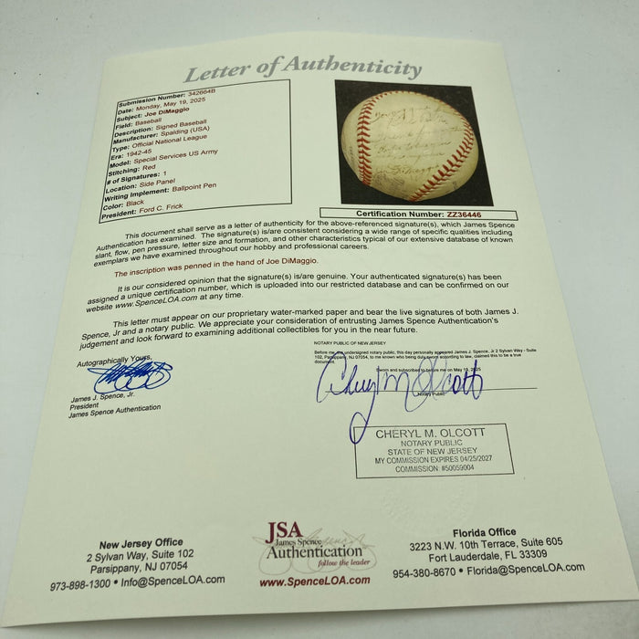 Joe Dimaggio Signed 1944 World War 2 Official National League Baseball JSA COA