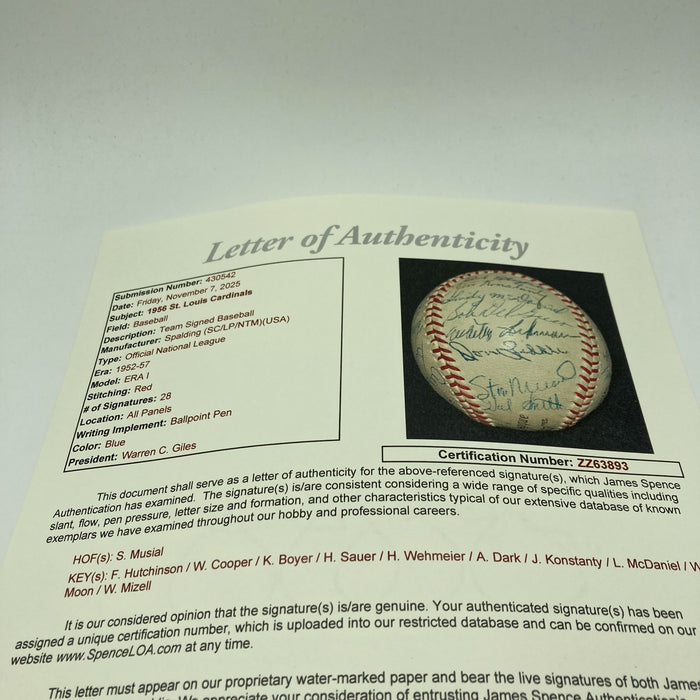 1956 St. Louis Cardinals Team Signed National League Baseball JSA COA