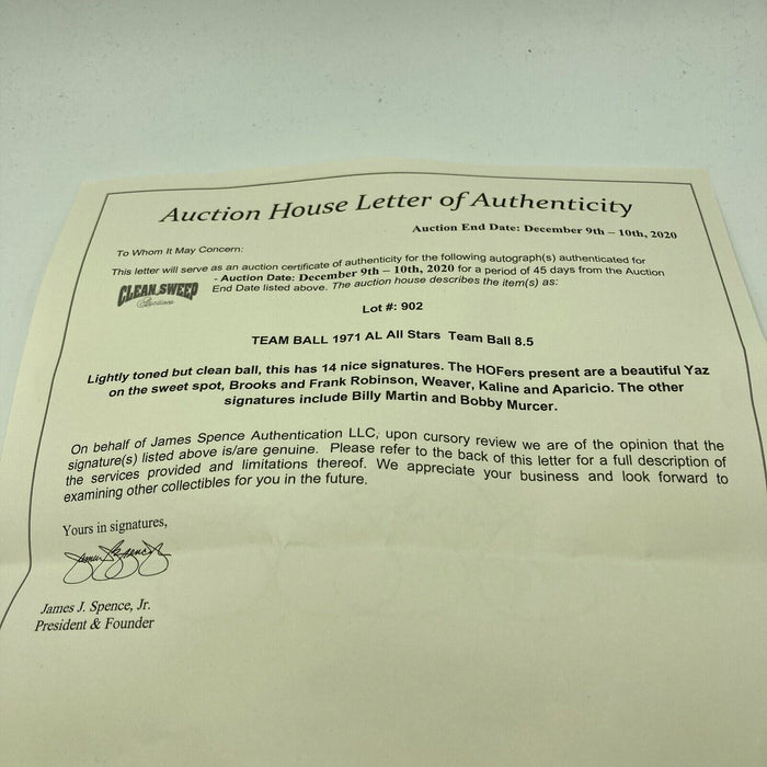 1971 All Star Game Team Signed Baseball Carl Yastrzemski Brooks Robinson JSA