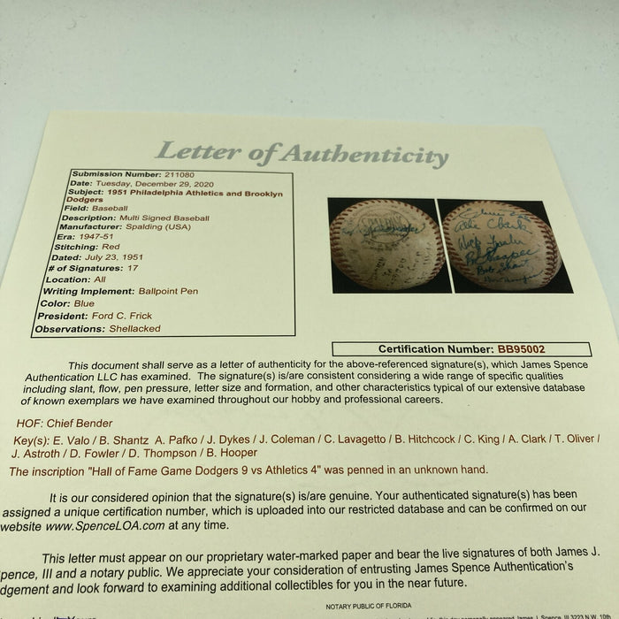 1954 Dodgers VS A's Hall Of Fame Game Team Signed Baseball Chief Bender JSA COA