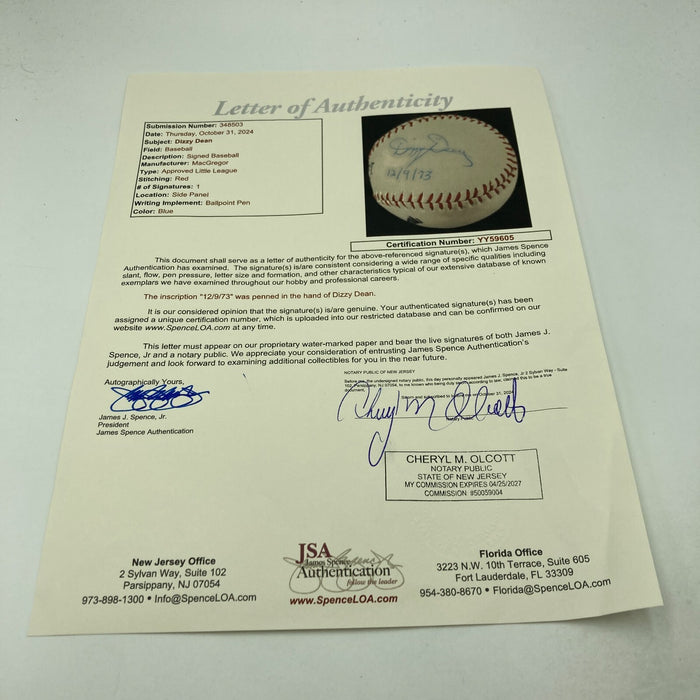 Mint Dizzy Dean Signed Vintage Baseball With JSA COA