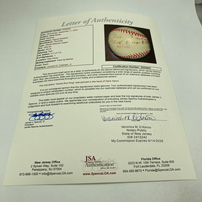 Hank Aaron "Home Run King" Signed National League Baseball JSA COA