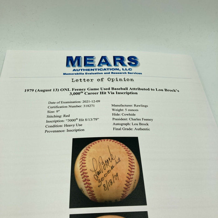 Lou Brock 8-13-1979 3,000th Hit Signed Game Used Baseball With MEARS & JSA COA
