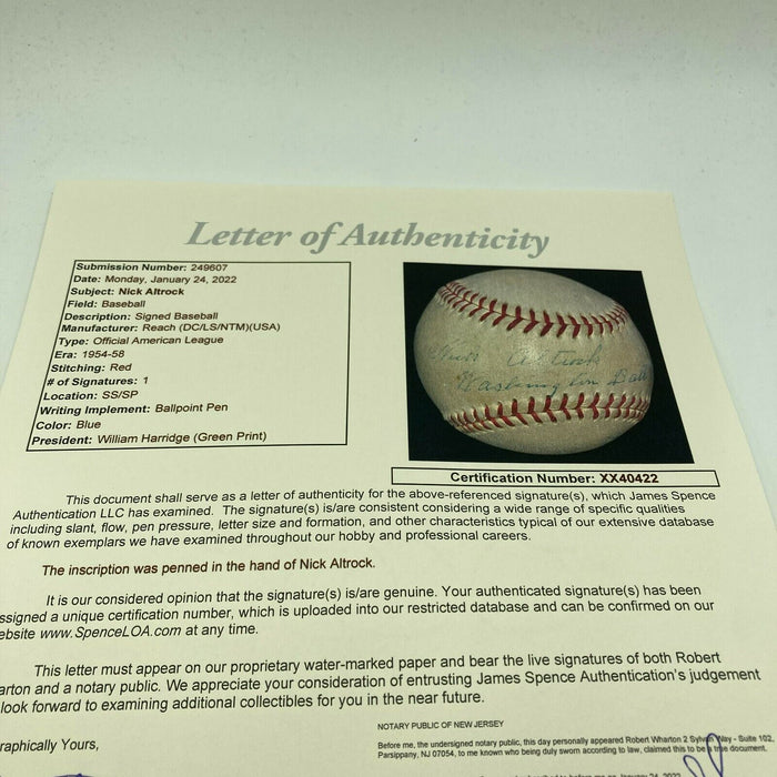 Rare Nick Altrock Single Signed 1950's American League Baseball JSA COA