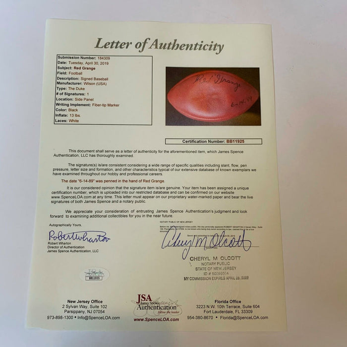 Rare Red Grange Signed Autographed Authentic Wilson NFL Football With JSA COA