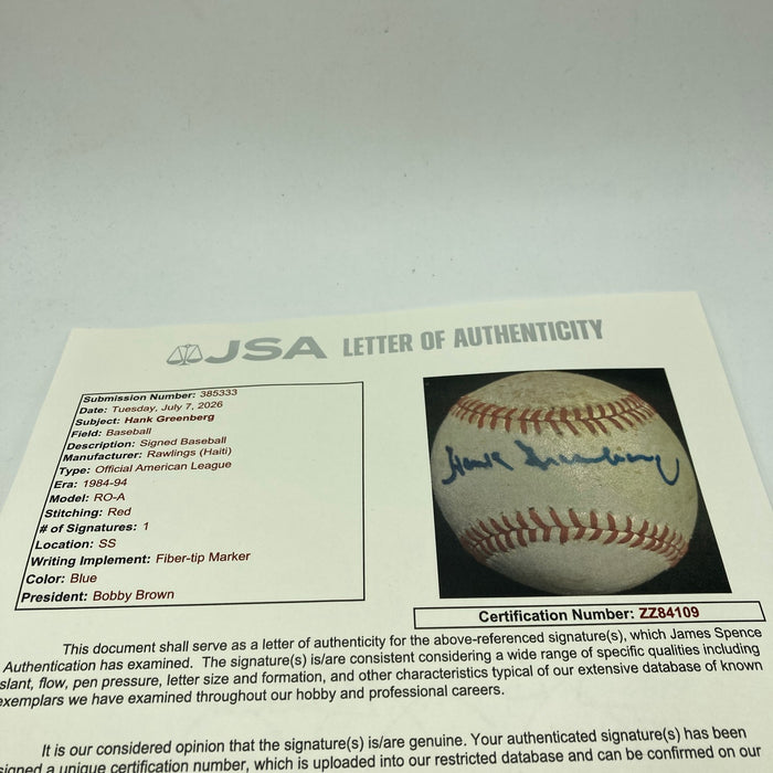 Hank Greenberg Single Signed Official American League Baseball JSA COA