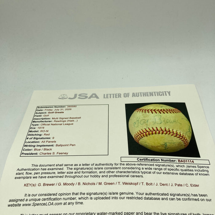 Tom Weiskopf Tommy Bolt Gay Brewer Jerry Pate Snead Golf PGA Signed Baseball JSA