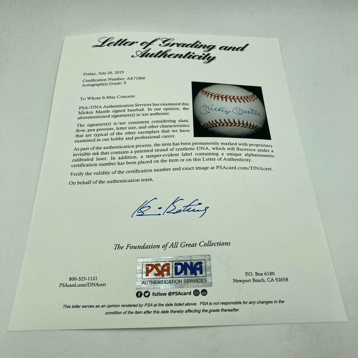 Beautiful Mickey Mantle Signed American League Baseball PSA DNA Graded MINT 9
