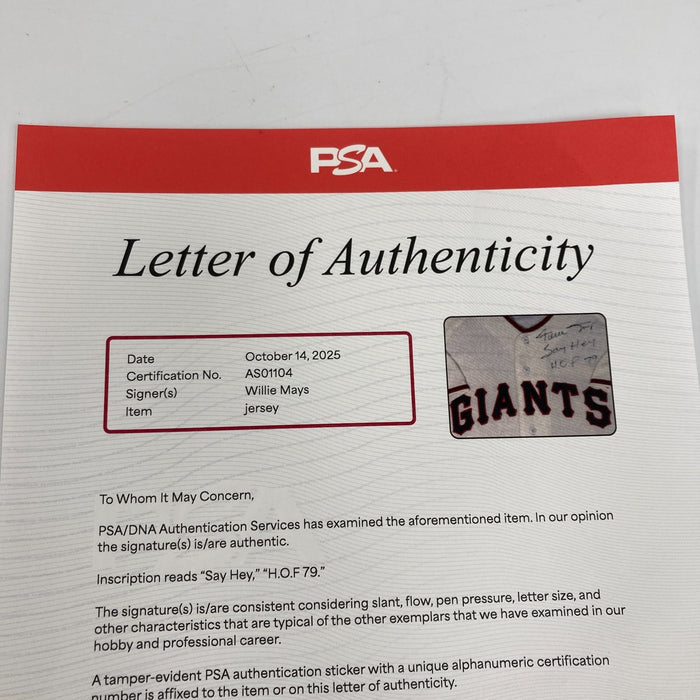 Willie Mays "Hall Of Fame 1979 Say Hey" Signed New York Giants Jersey Framed PSA