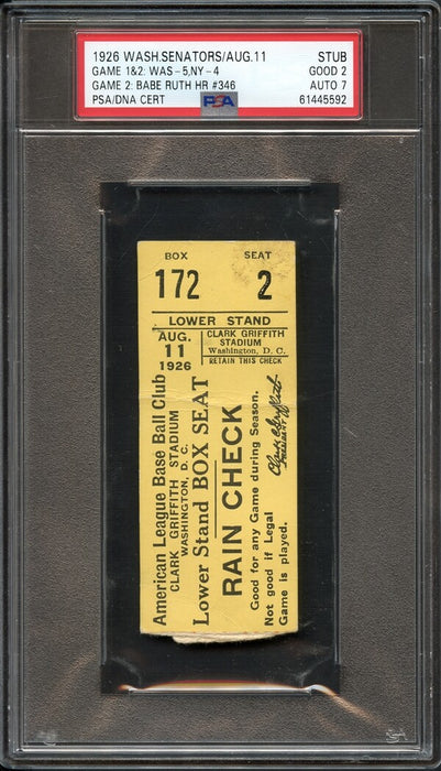 Babe Ruth Signed 1926 Home Run #346 Original Ticket PSA DNA New York Yankees