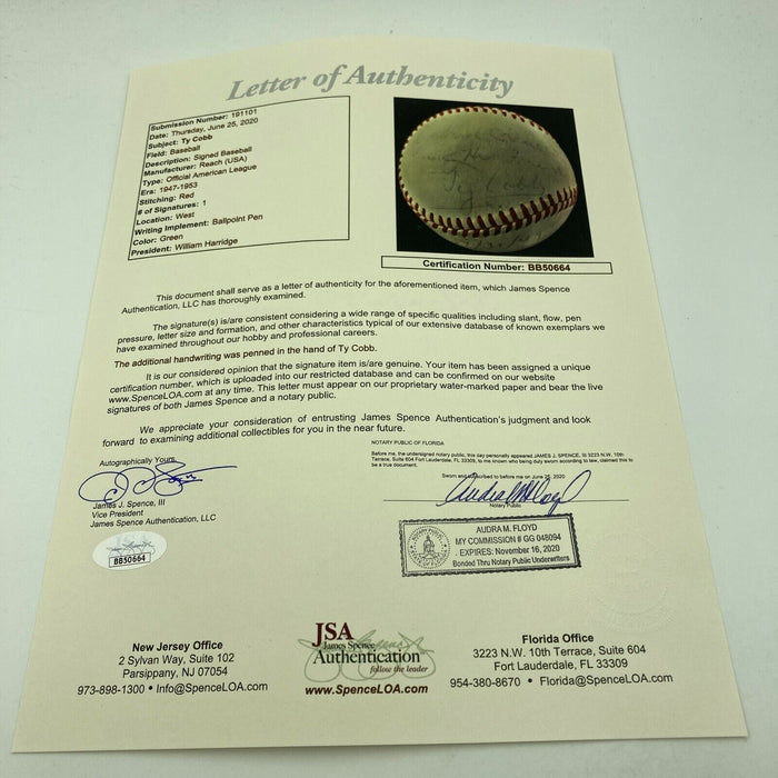 Ty Cobb Single Signed Autographed 1949 Official American League Baseball JSA COA