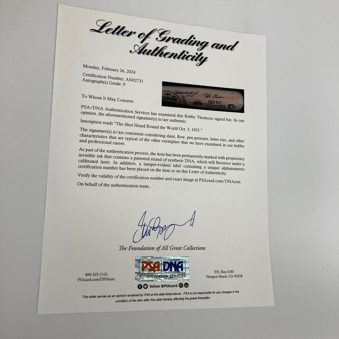 Bobby Thomson Ralph Branca Shot Heard 'Round The World Signed Bat PSA MINT 9