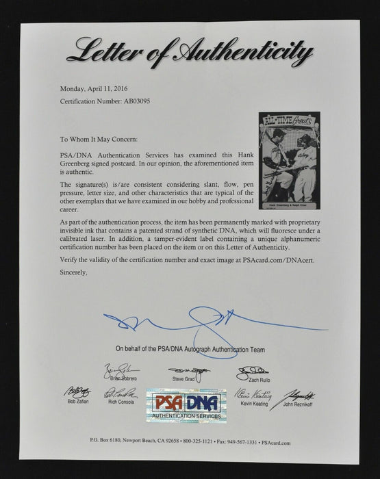 Hank Greenberg Signed Autographed 1975 TCMA All Time Greats Postcard PSA DNA COA