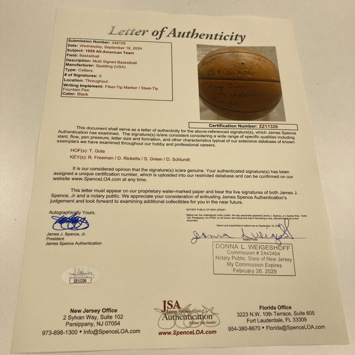 1955 NCAA All American All Star Game Team Signed Basketball Tom Gola JSA COA