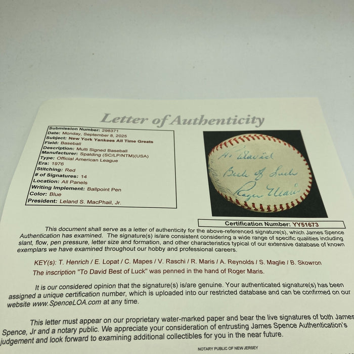 Roger Maris "To David"  Signed Official American League Baseball JSA COA