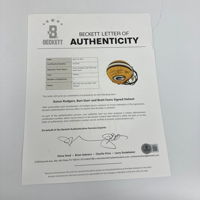 Bart Starr Brett Favre & Aaron Rodgers Signed Green Bay Packers Helmet Beckett