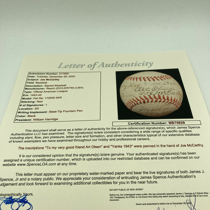 Joe Mccarthy "1943 Yankees" Single Signed American League Baseball JSA COA RARE