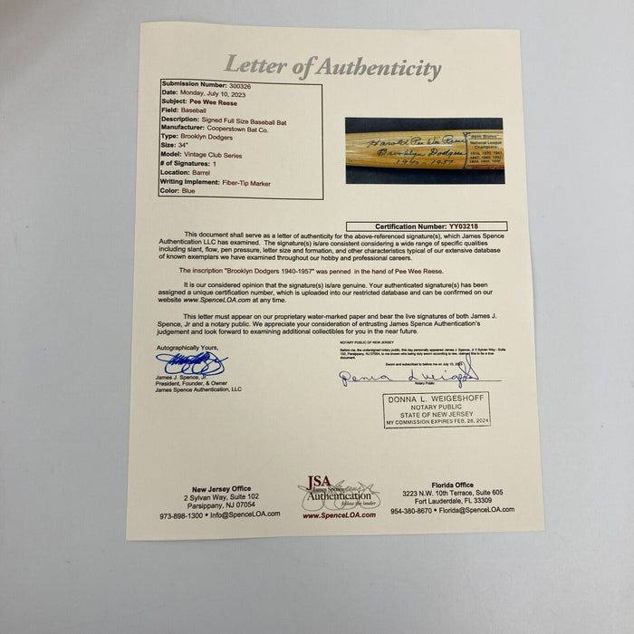 Harold Pee Wee Reese Dodgers "Brooklyn 1940-1957" Signed Cooperstown Bat JSA COA