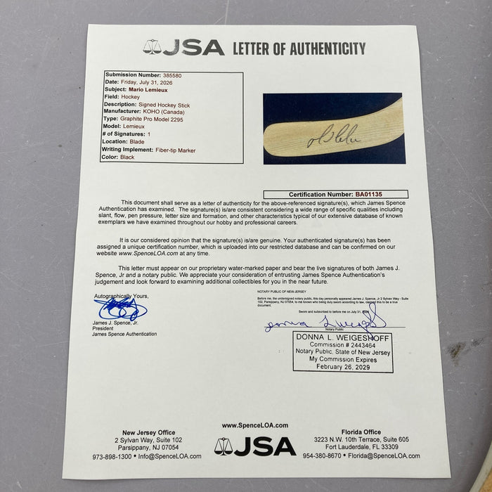 Mario Lemieux Signed Game Issued Koho Hockey Stick JSA COA