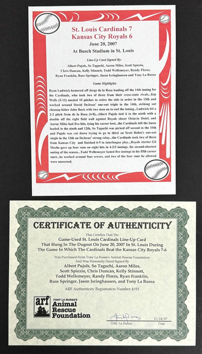 2007 St. Louis Cardinals Team Signed Game Used Lineup Card Albert Pujols BAS