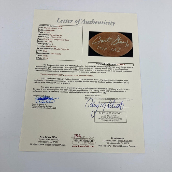 Bart Starr "Super Bowl 1 MVP " Signed Inscribed Wilson NFL Game Football JSA COA