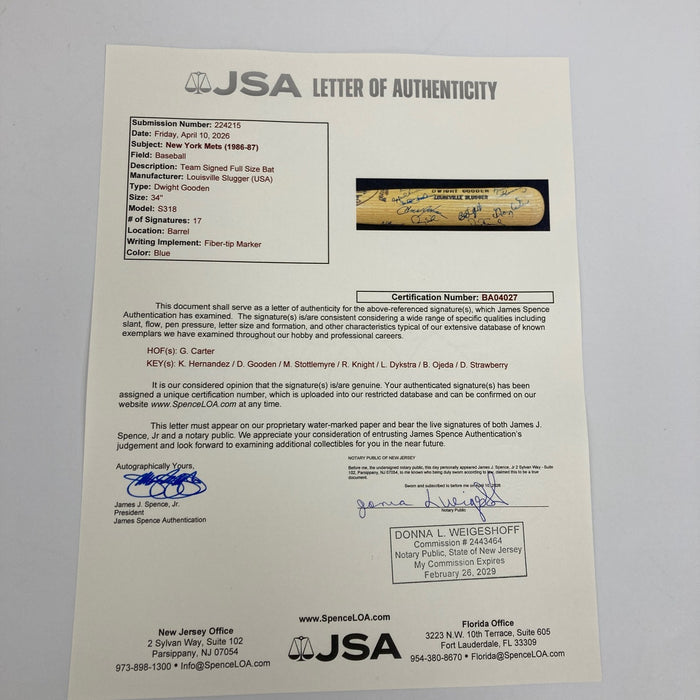 1986 New York Mets W.S. Champs Team Signed Baseball Bat JSA COA