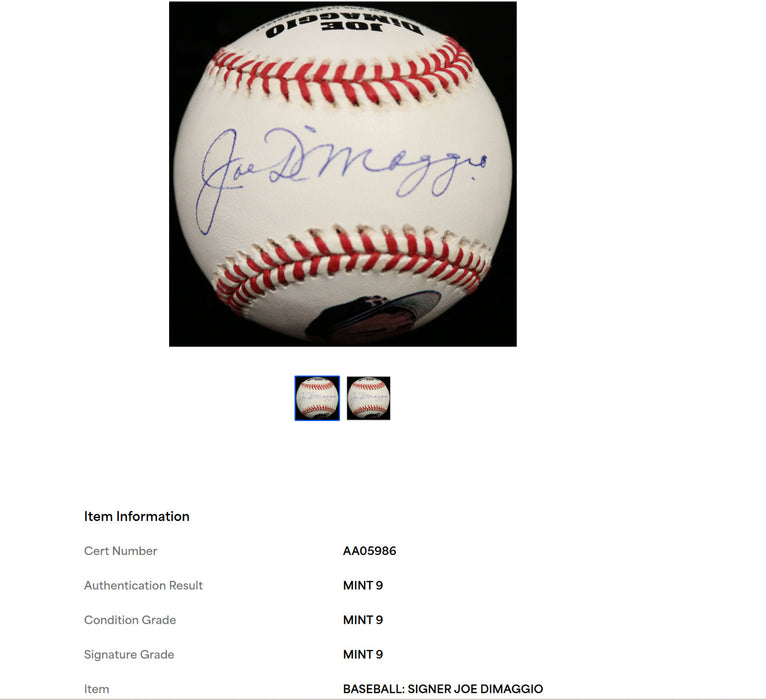 Beautiful Joe Dimaggio Signed American League Baseball PSA Graded MINT 9