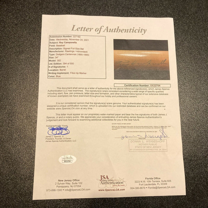 Roy Campanella Signed Brooklyn Dodgers 100th Year Anniversary Baseball Bat JSA