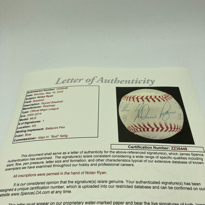 Beautiful Nolan Ryan Signed Heavily Inscribed Career STAT Baseball JSA COA