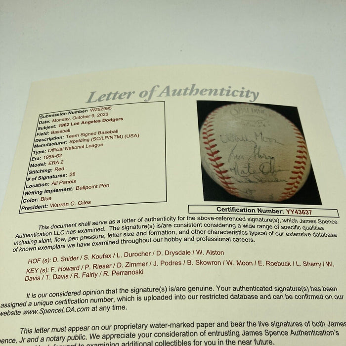 Sandy Koufax 1962 Los Angeles Dodgers Team Signed NL Baseball JSA COA