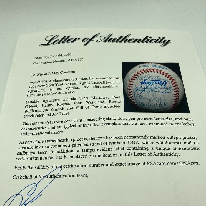 Beautiful 1996 Yankees W.S. Champs Team Signed ALCS Baseball Derek Jeter PSA DNA