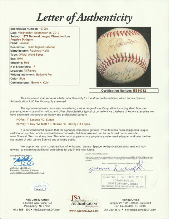 1978 Los Angeles Dodgers NL Champs Team Signed World Series Baseball JSA COA
