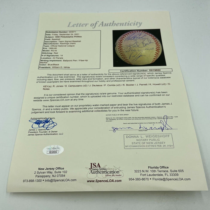 1990 Philadelphia Phillies Team Signed National League Baseball With JSA COA