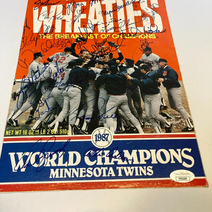 1987 Minnesota Twins World Series Champs Team Signed Wheaties Box With JSA COA