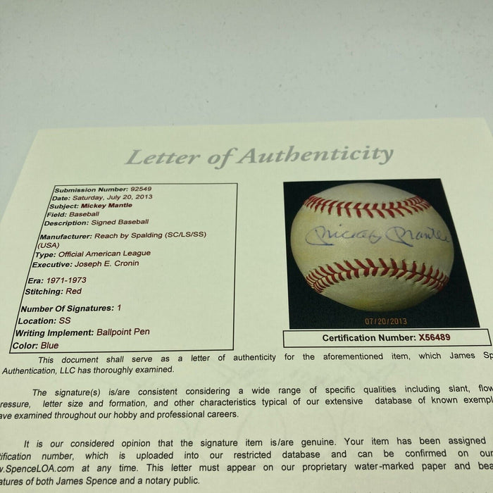 Mickey Mantle Signed Vintage American League Joe Cronin Baseball JSA COA