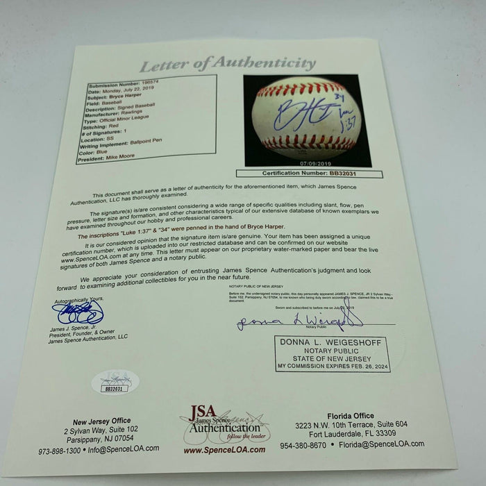 2011 Bryce Harper Pre Rookie Signed Game Used Minor League Baseball JSA COA