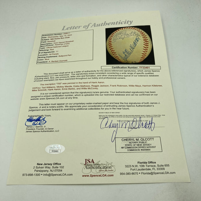 500 Home Run Signed Baseball Mickey Mantle Ted Williams Willie Mays 11 Sigs JSA