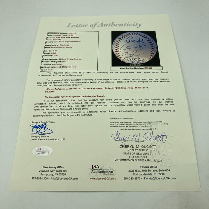 Aaron Judge Rookie 2016 New York Yankees Team Signed MLB Baseball JSA COA