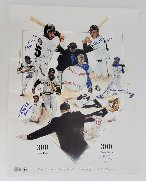 Willie Mays Barry Bonds Bobby Bonds Andre Dawson Signed Large Photo Beckett COA