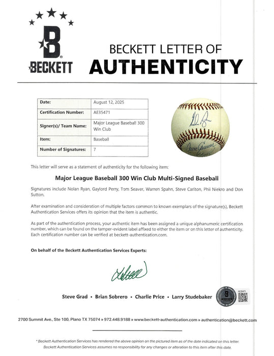 300 Win Club Signed Baseball Nolan Ryan Tom Seaver 7 Sigs Beckett COA