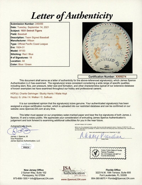 1931 Detroit Tigers Team Signed Baseball Bucky Harris JSA COA