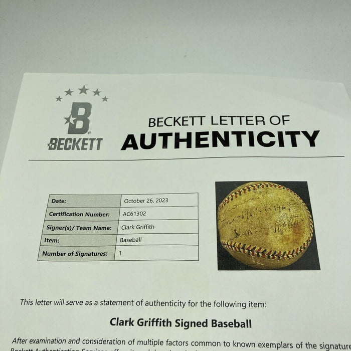 Clark Griffith Single Signed 1920's Official National League Baseball Beckett