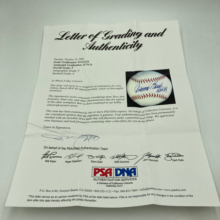 Johnny Bench HOF 1989 Signed Major League Baseball PSA DNA Graded 9 MINT