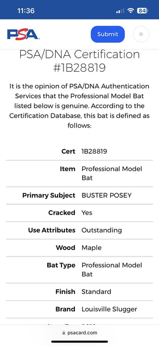 Buster Posey Signed 2012 Game Issued Louisville Slugger Bat PSA DNA Beckett COA