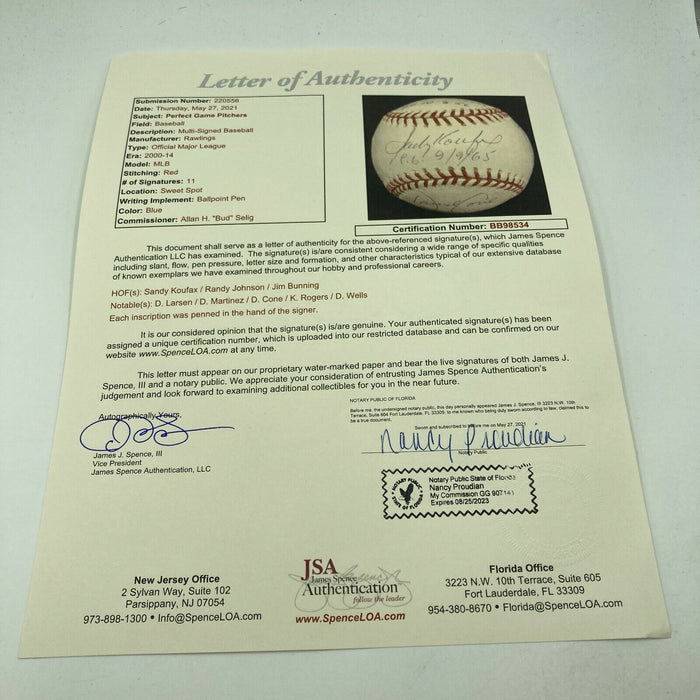 Sandy Koufax Randy Johnson Perfect Game Pitchers Signed Baseball 11 Sigs JSA COA